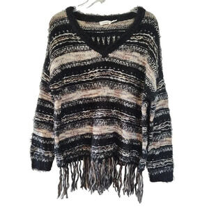 Blu Pepper Black Brown Fuzzy Sweater Women Size M Long Sleeve Fringe V-neck